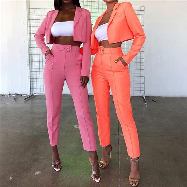 

autumn winter solid color women pant suit belt notched blazer jacket amp; pant 2019 office wear women suits female sets, Gray