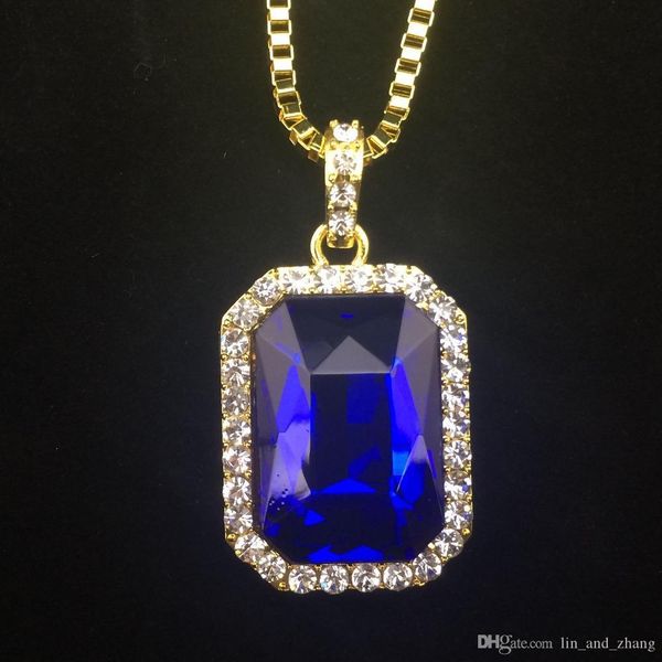 

new mens bling faux lab ruby pendant necklace 24" 30" box chain gold plated iced out sapphire rock rap hip hop jewelry for gift, Silver