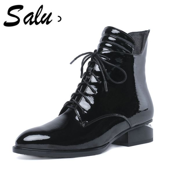 

salu genuine leather ankle boots elegant pointed toe thick heel ladies shoes short boots women's leather winter, Black