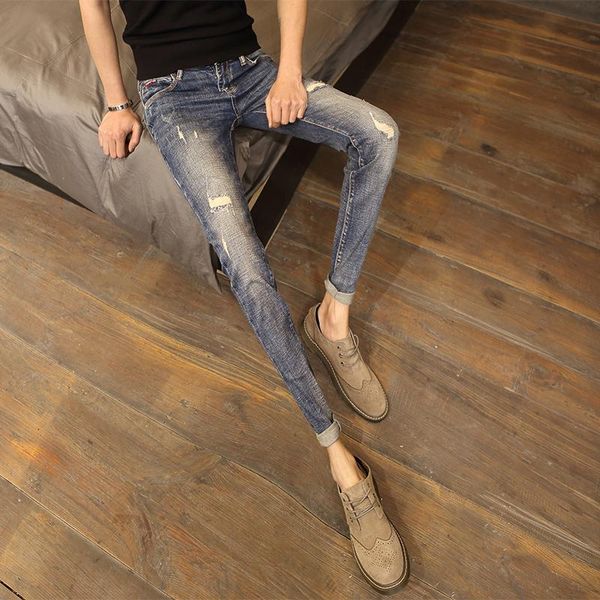 

vintage blue skinny jeans men full length slim fit ripped jeans men streetwear hip hop denim casual pants 33-28