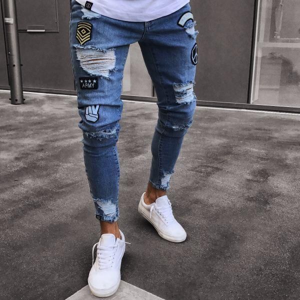 

men hip hop ripped holes badge jean hombre slim fit jeans pencil streetwear, Blue