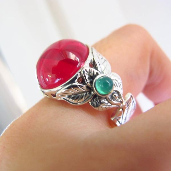 

925 sterling silver red корунд открытые кольца рубин цвет зеленый халцедон драгоценное кольцо для женщин изящных ювелирных изделий