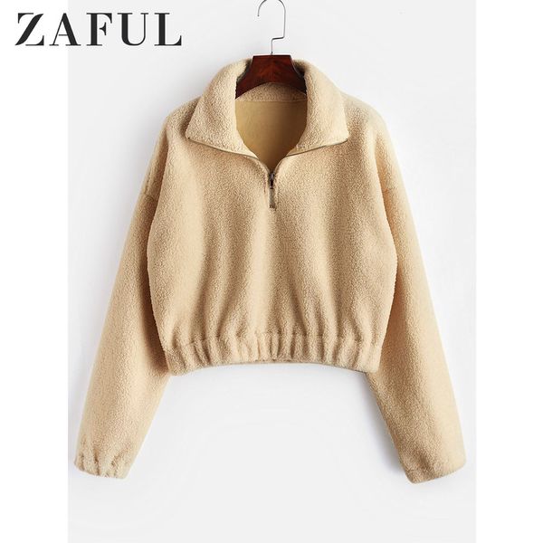 

zaful mock neck plain faux fur sweatshirt half zipper sweatshirts sherpa hoodies women clothing solid color ladies 2019, Black