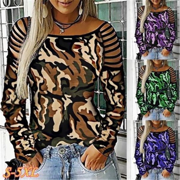 

camouflage print womens designer long sleeve tshirts fashion bind dew shoulder womens tees casual females clothing, White