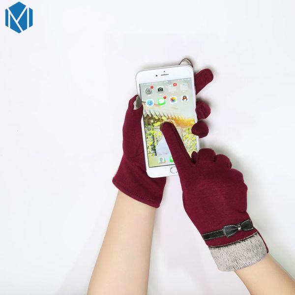 

2020 fashion patchwork bow-knot women warm cashmere winter gloves elegant full finger wrist soft cotton mittens screen sense, Blue;gray