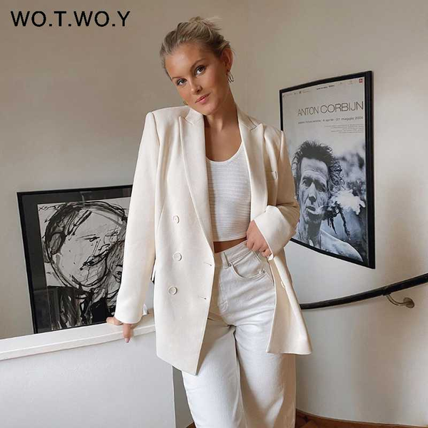 

wotwoy 2020 solid office lady blazers women autumn white double breasted coats female formal long sleeve jacket woman pockets, White;black