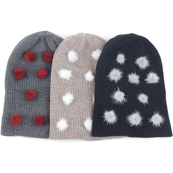 

beanie/skull caps autumn winter warm cashmere beanie hat skull cap beanies pullover cuff with small pompom dot accessories, Blue;gray