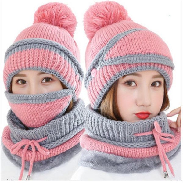 

visrover new winter knitted cashmere scarf mask hat set motor driver windssets ear cuff cap neck collor three set for women, Blue;gray
