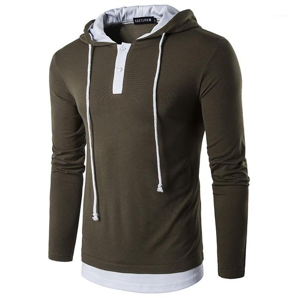 

hoodies casual fake two piece drawstring mens hoodies fashion pullover button males clothing panelled mens designer, Black