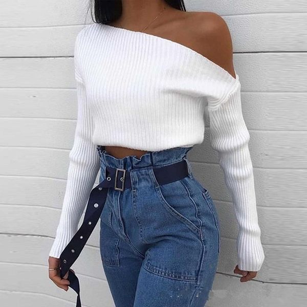 

slash neck white womens knits spring autumn long sleeve women designer slim solid color casual tees