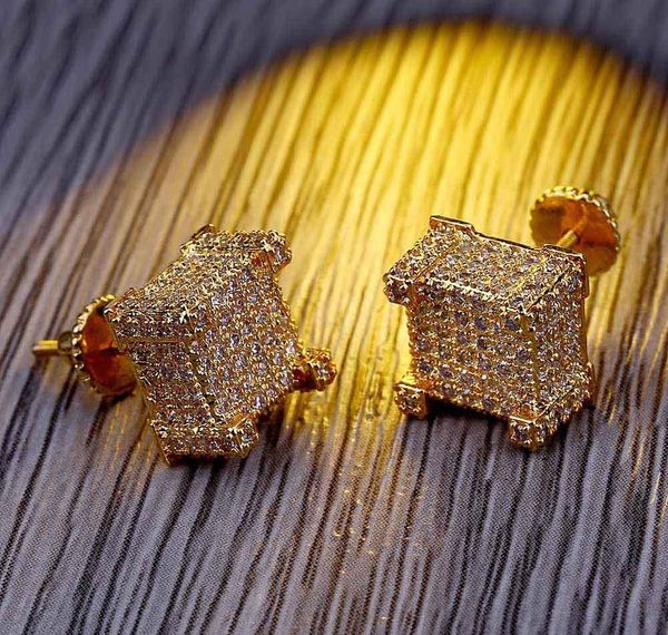 

men designer earrings hip hop jewelry bling diamond cz square cube sparking screwback gold silver iced out cubic zirconia stud01, Golden;silver