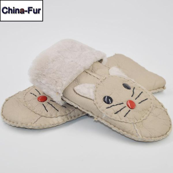 

2020 winter women real sheep leather gloves 100% real sheepskin leather gloves lovely cat girls warm lady wool fur, Blue;gray