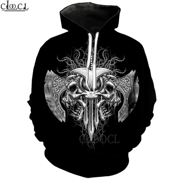

cloocl nordic viking tattoo art skull hoodie 3d print funny hooded coat sweatshirt men women clothing long sleeve couples pullovers, Black