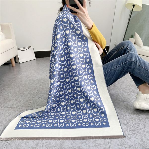 

2020 новых прибытия любовь звезды печать шерсти шарфы женщин зимой толстые теплые одеяла шарф обруча шали двойные стороны доступны, Blue;gray