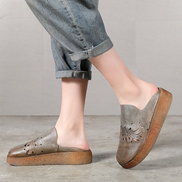 

slippers yourseason genuine leather women shoes 2021 summer slides outside wear handmade ladies wedges shallow retro, Black