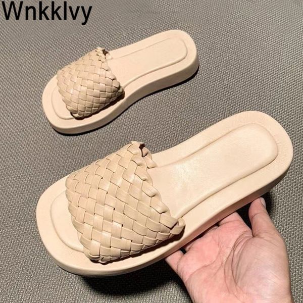 

summer beach slippers woman hand woven flipflops lazy mullers shoes casual outdoor wear thick bottom comfortable sandals 2020, Black
