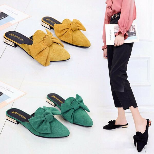 

womens pointed toe bowknot decor slip on loafers fashion slippers shoes mules 4colors, Black