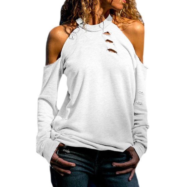 

spring women off shoulder o-neck t-shirt fashion hollow out long sleeve solid color casual slim t shirt women white s