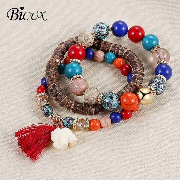 

bicux fashion bohemian ethnic 3 sets natural stone handmade charm bracelets for women men decoration tassel elephant bracelet, Golden;silver