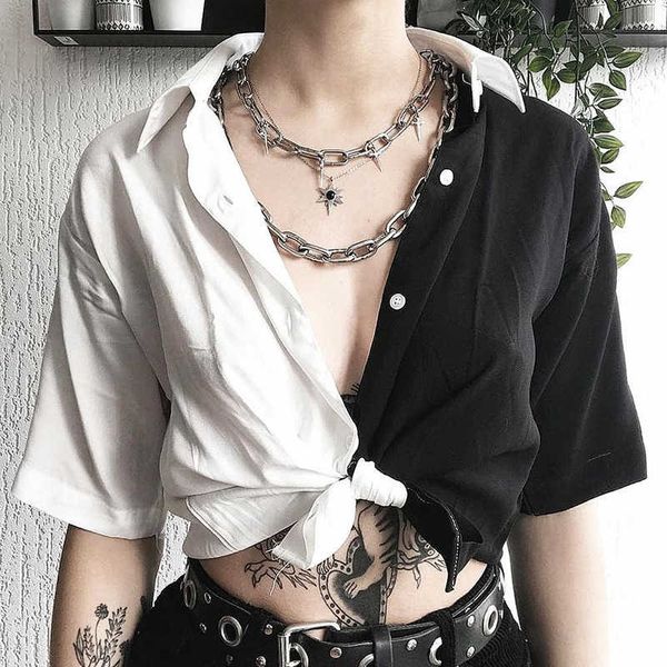 

europe and the united states 2020 spring and summer new arrivals women's black and white contrast lapel short cardigan shirt t-shirt wo