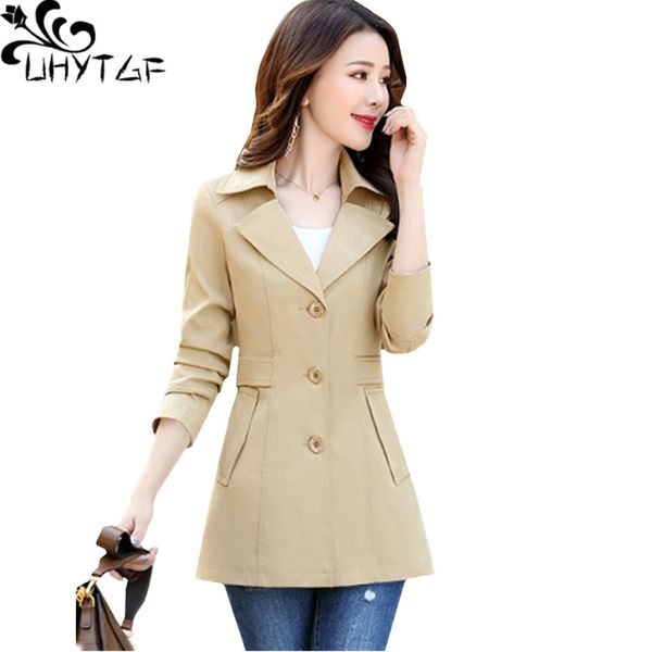 

uhytgf autumn coat female fashion lapel single-breasted slim trench coat womens long sleeve casual plus size outerwear 1431, Black