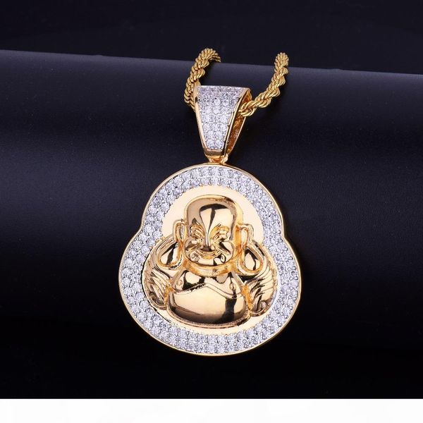 

new men's hip hop jewelry pendant necklace iced out smile buddha gold silver color cubic zircon rope chain