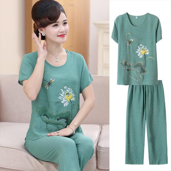 

2pcs набор моды среднего возраста женщин с коротким рукавом top wide leg pants twinset mother одежда лето сыпучие хлопок белье комплект, Gray