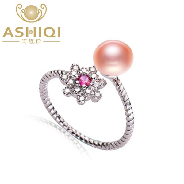 

ashiqi 925 sterling silver ring for women 8-9mm natural freshwater pearl crystal flower jewelry, Golden;silver