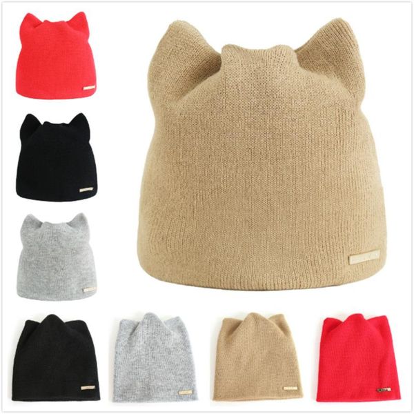 

female autumn and winter hats cat shape winter wool knitted hat female thermal cap crochet knitting hats nov26, Blue;gray