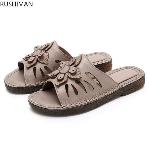 

rushiman2020 xia new leather soft bottom anti-slip mother shoe flowers breathable one word drag female slippers size 35- 40, Black