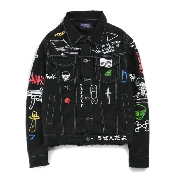 

хип-хоп моды печатных джинсы куртка мужчины хлопок повседневная streetwear осень новый denim пальто куртки для мужчин, Black;brown