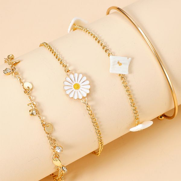

huatang 4pc fashion crystal pendant daisy bracelet set for women multilayer irregular shell open bangle beach jewelry pulseras, Golden;silver