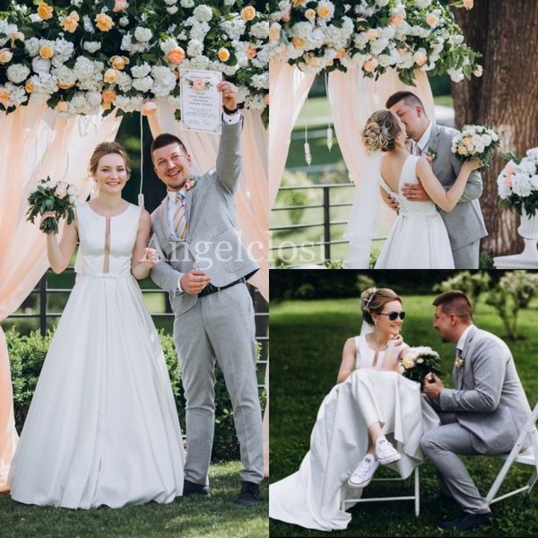 

Country Garden Stain Wedding Dresses 2019 Jewel Sleeveless Open Back Sweep Train Modest Simple A Line Bridal Gowns Vestido De Novia Cheap