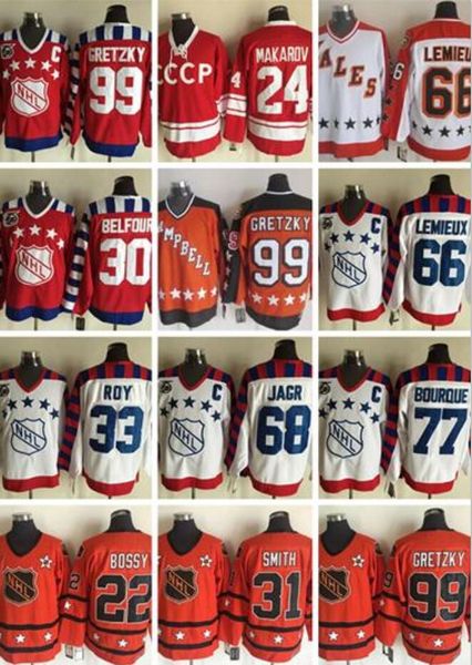 

75th all star 66 lemieux 11 messier 19 sakic 68 jagr 77 bourque 33 roy 16 bobby hull 19 yzerman 30 belfour 99 gretzky bossy makarov makarov, Black;red