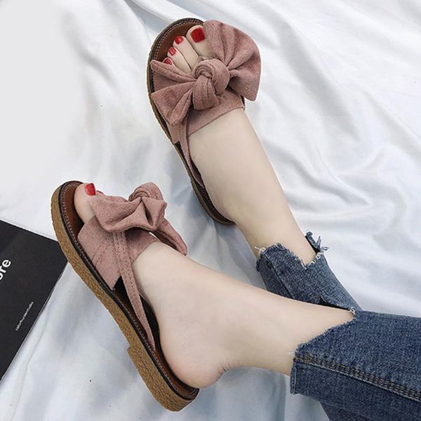 

women flip flops summer beach flat heel casual wear resistant slippers adults home travel outdoor slip on bow tie slipper, Black