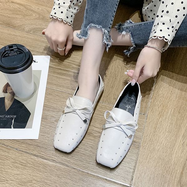 

women's thin shoes women's 2020 early spring new style square head moccosins bow england soft-sole small leather shoes, Black