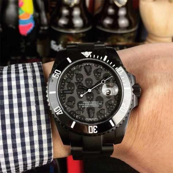 

new style watch fashion men watches black case skull automatic mechanical movement sweep self-winding wristwatches montre de luxe, Slivery;brown