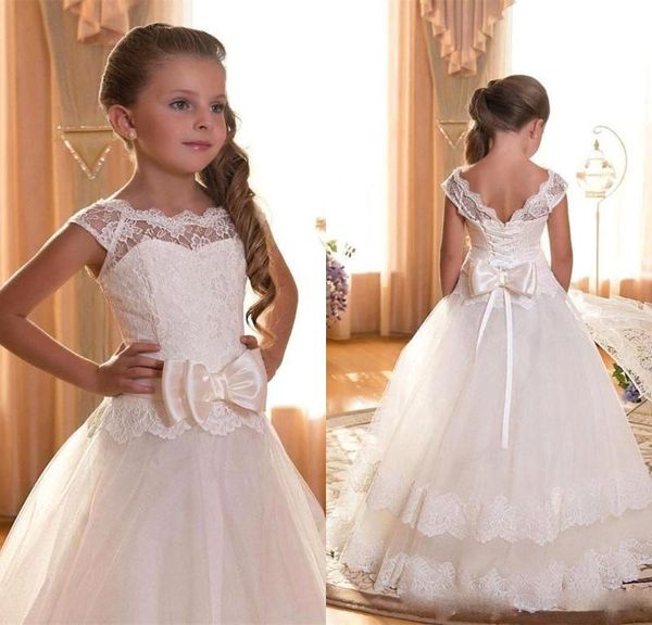 

Flower Girl First Communion Dresses Scoop Backless With Appliques and BowTulle Ball Gown Pageant Dress For Little Girls