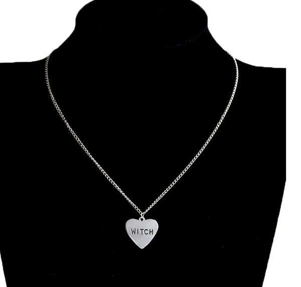 

10pcs witch heart engraved necklace gothic witchcraft wiccan halloween goth jewelry women girl necklace fashion gifts for witches bijoux, Silver