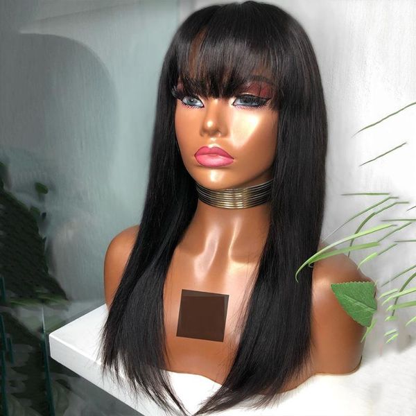 

2x6 straight wig 150% density lace front human hair wigs fringe wig with bangs brazilian remy for women lace closure plucked, Black;brown
