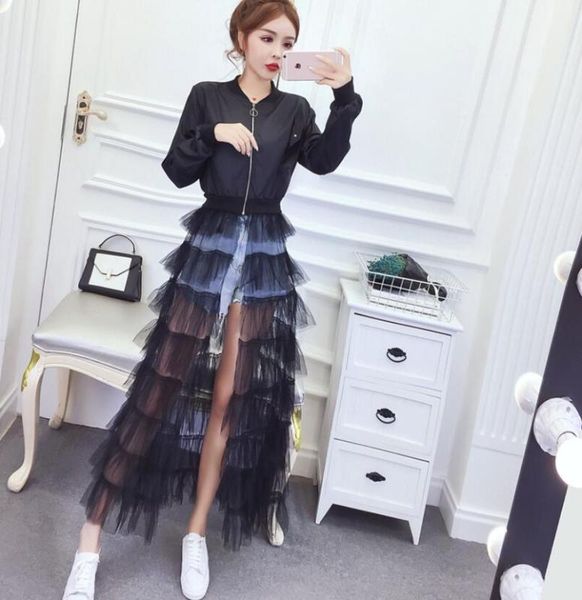 

spring autumn women's trench coats streetwear long mesh gauze cascading cake overcoat black windbreaker female coat and dress, Tan;black