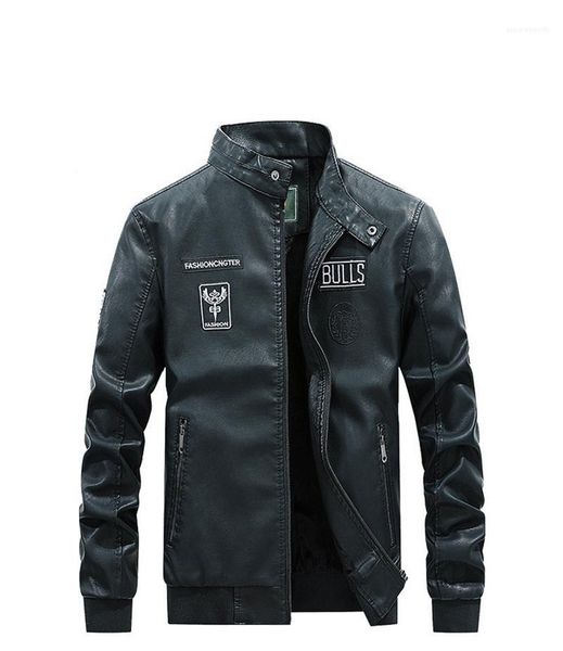 

embroidery applique decoration mens pu leather fashion thick winter mens warm coats zipper fly homme clothes, Black