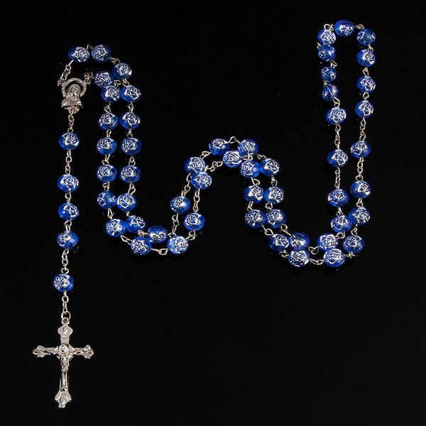 

new colored rose beads rosary 8mm round beads catholic rosary with holy land medal cross prayer religious jewels, Silver