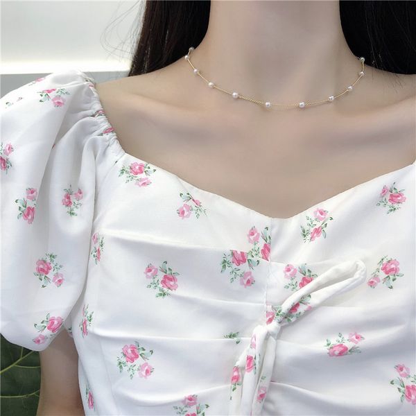 

kpop gold dainty simulated pearls threader minimalist necklaces for women elegant chokers aesthetic jewelry collares de moda, Golden;silver