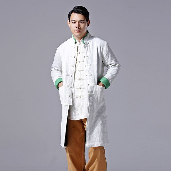 

chinese style 3 color winter windbreaker linen extended coat retro windbreaker cotton linen middle long padded jacket for men, Red