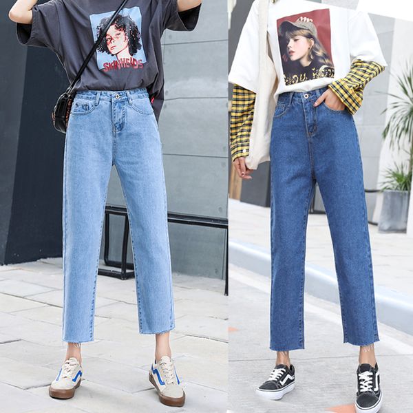 

2020 new hem design softener loose ankle-length pants women fashion high waist jeans preppy style sweet student, Blue