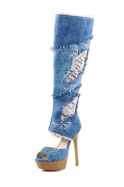 

women denim open toe stilettos heel tight high boots high platform lace jeans knee sandals boots shoes real p shoes, Black
