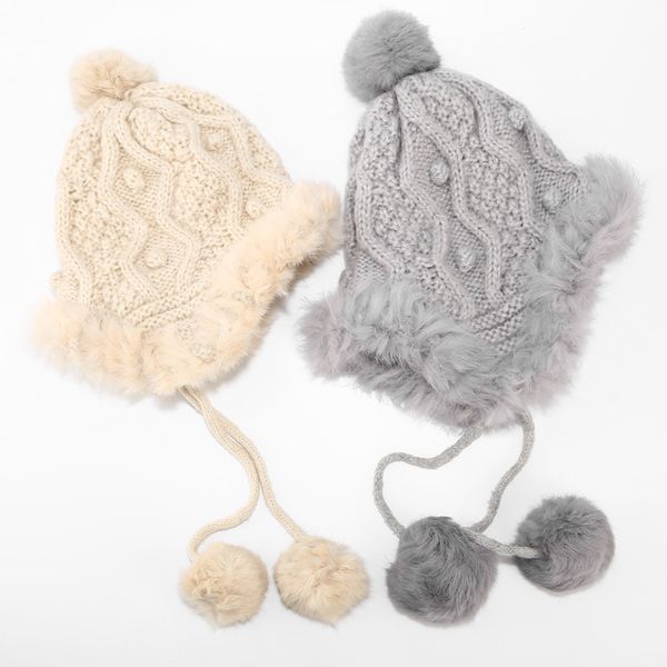 

new simple fur beanie hat3 hair ball beanie women cute beanies hat thickening skullies ladies earmuffs wool hat, Blue;gray