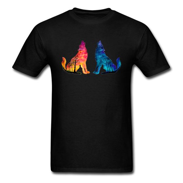 

day fire night ice wolves cool design t-shirt for men 2018 summer fashion black t shirts cartoon silhouette art