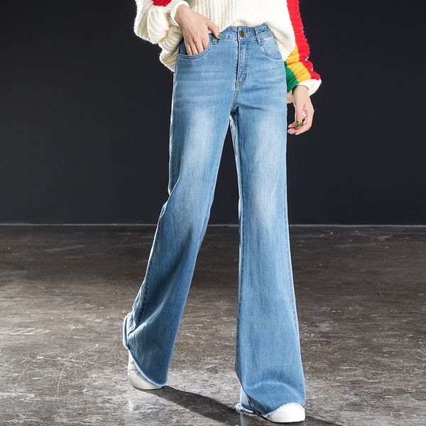 

women's jeans shangege autumn high waist ladies wide leg pants contrast color loose personality retro flared trousers, Blue